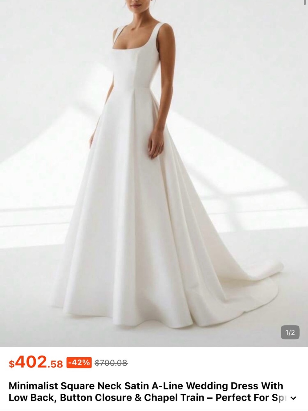 Minimalist White Square Neck Satin A-Line Wedding Dress